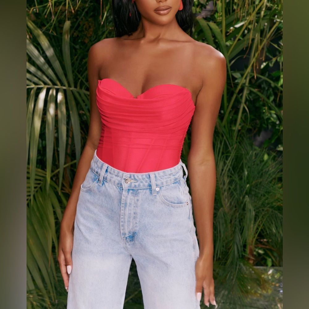 Oh Polly Dreams Are Made Mesh Overlay Ruched Bodysuit in Pink